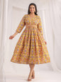Janasya Gathered Cambric Mustard Ethnic Motifs V-Neck Dress