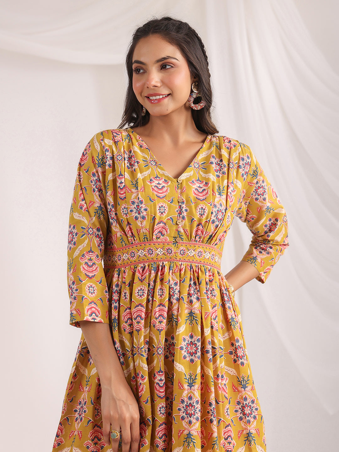 Janasya Gathered Cambric Mustard Ethnic Motifs V-Neck Dress