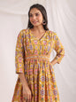 Janasya Gathered Cambric Mustard Ethnic Motifs V-Neck Dress