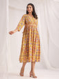 Janasya Gathered Cambric Mustard Ethnic Motifs V-Neck Dress