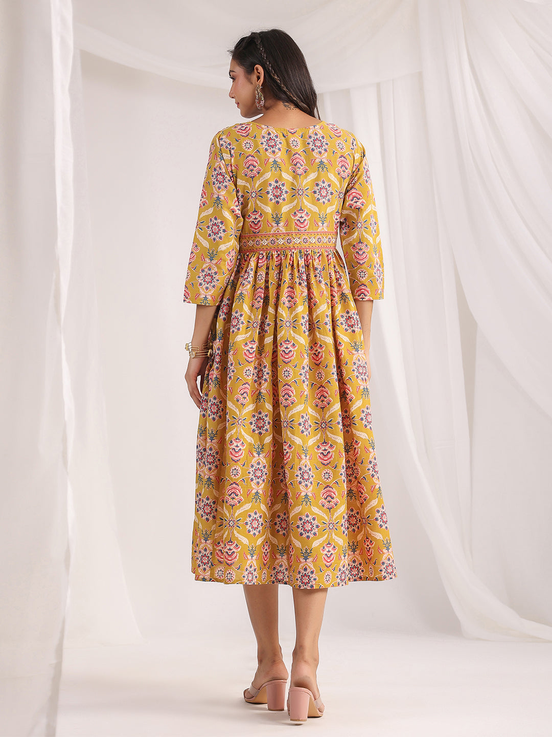 Janasya Gathered Cambric Mustard Ethnic Motifs V-Neck Dress