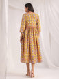 Janasya Gathered Cambric Mustard Ethnic Motifs V-Neck Dress