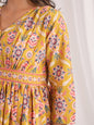Janasya Gathered Cambric Mustard Ethnic Motifs V-Neck Dress