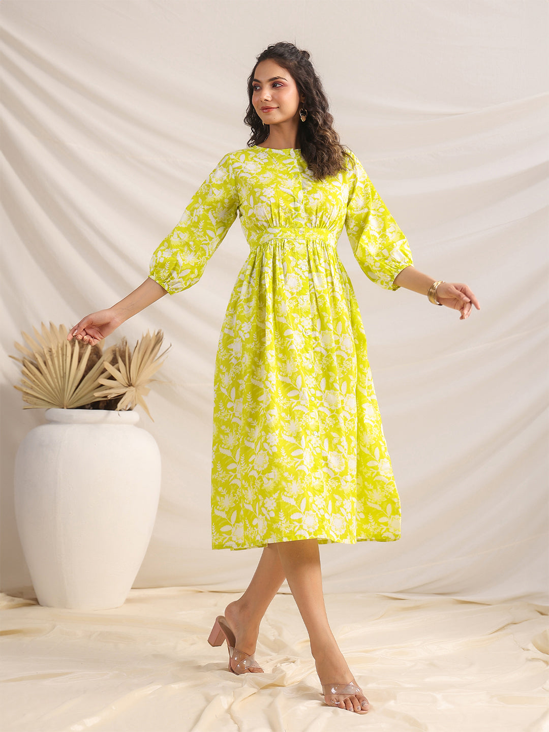 Janasya Lime Cambric Floral Dress