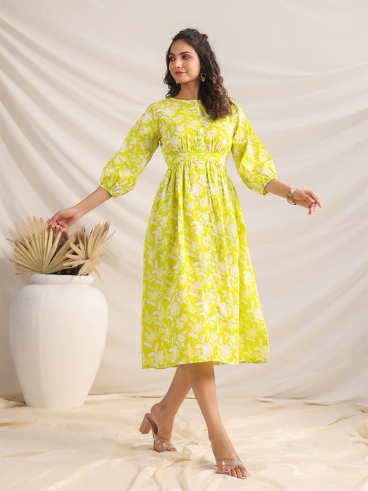 Janasya Lime Cambric Floral Dress