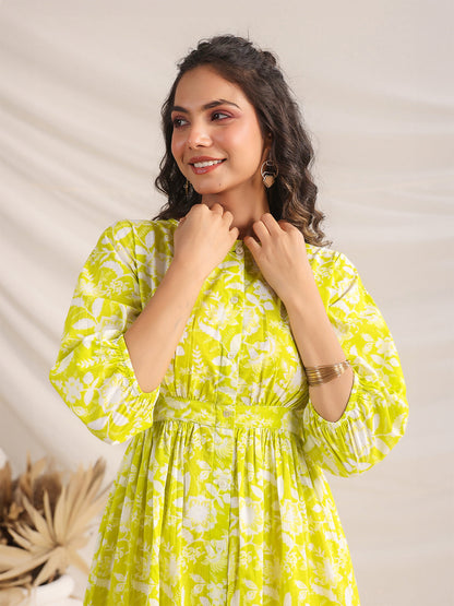 Janasya Bright Cotton Floral Gathered Dress