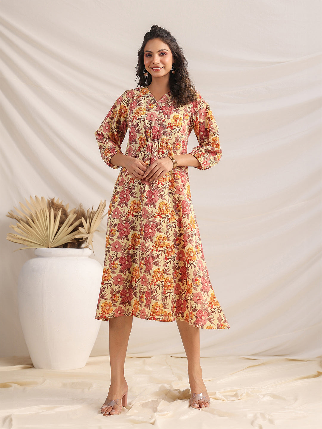 Janasya Gathered Cambric Yellow Floral V-Neck Dress