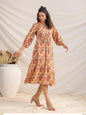 Janasya Gathered Cambric Yellow Floral V-Neck Dress