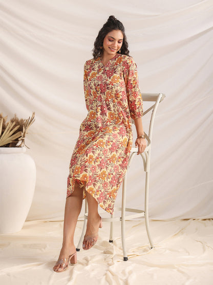 Janasya Gathered Cambric Yellow Floral V-Neck Dress