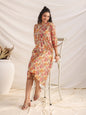 Janasya Gathered Cambric Yellow Floral V-Neck Dress