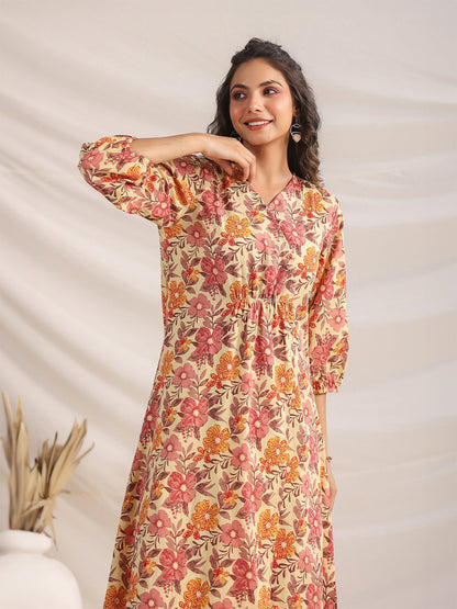 Janasya Gathered Cambric Yellow Floral V-Neck Dress