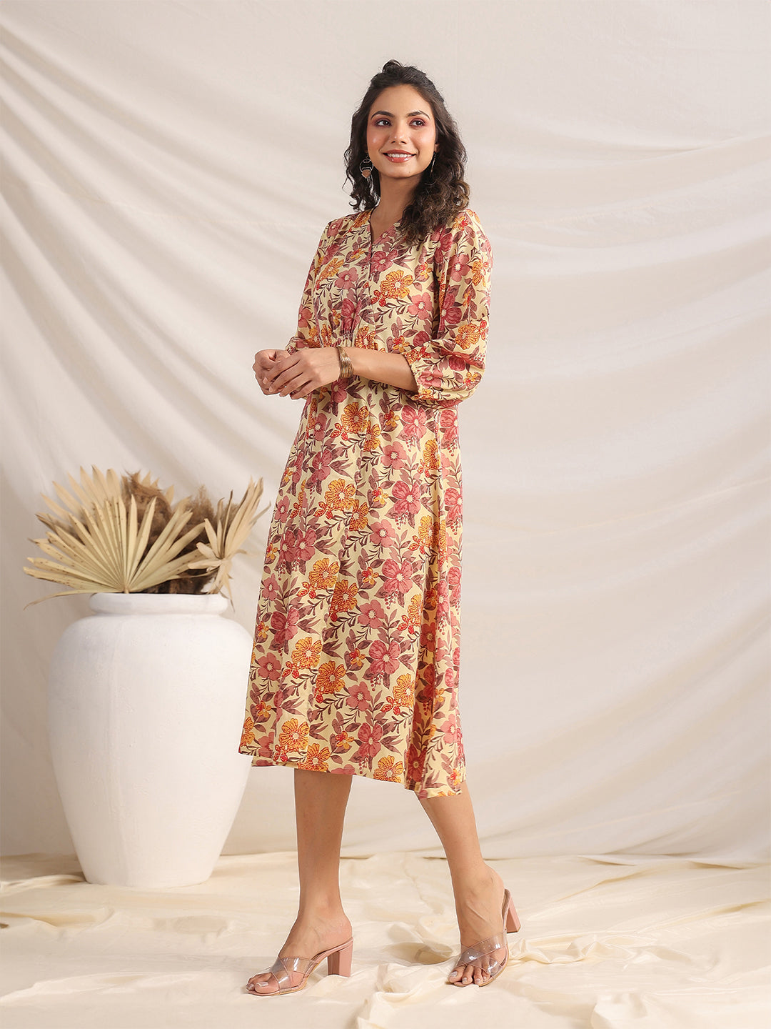 Janasya Gathered Cambric Yellow Floral V-Neck Dress