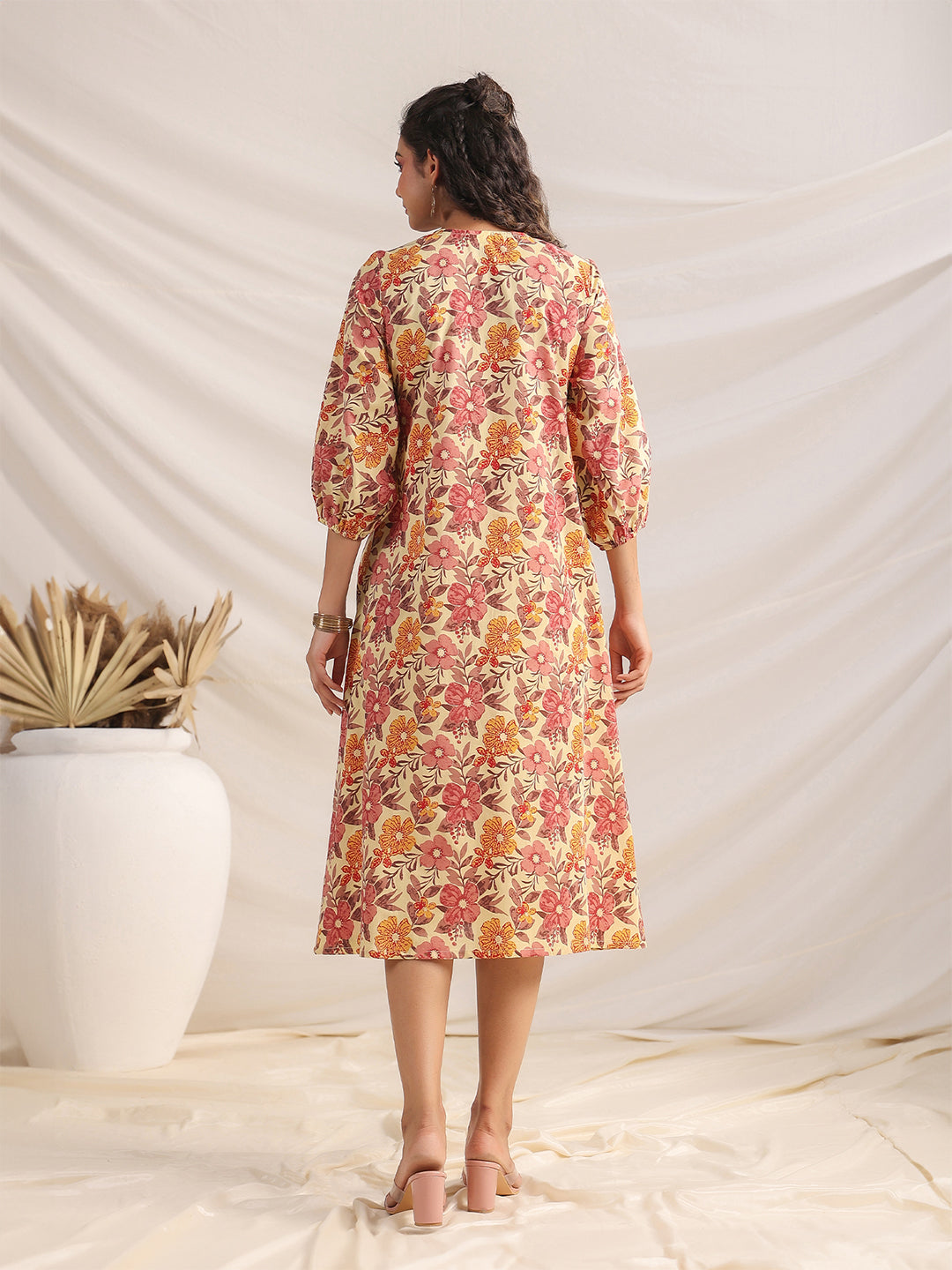 Janasya Gathered Cambric Yellow Floral V-Neck Dress