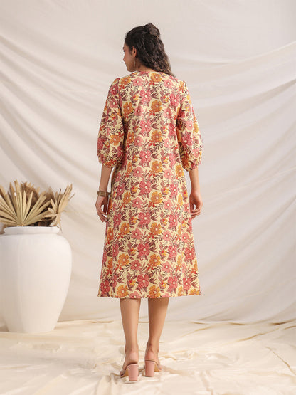 Janasya Gathered Cambric Yellow Floral V-Neck Dress