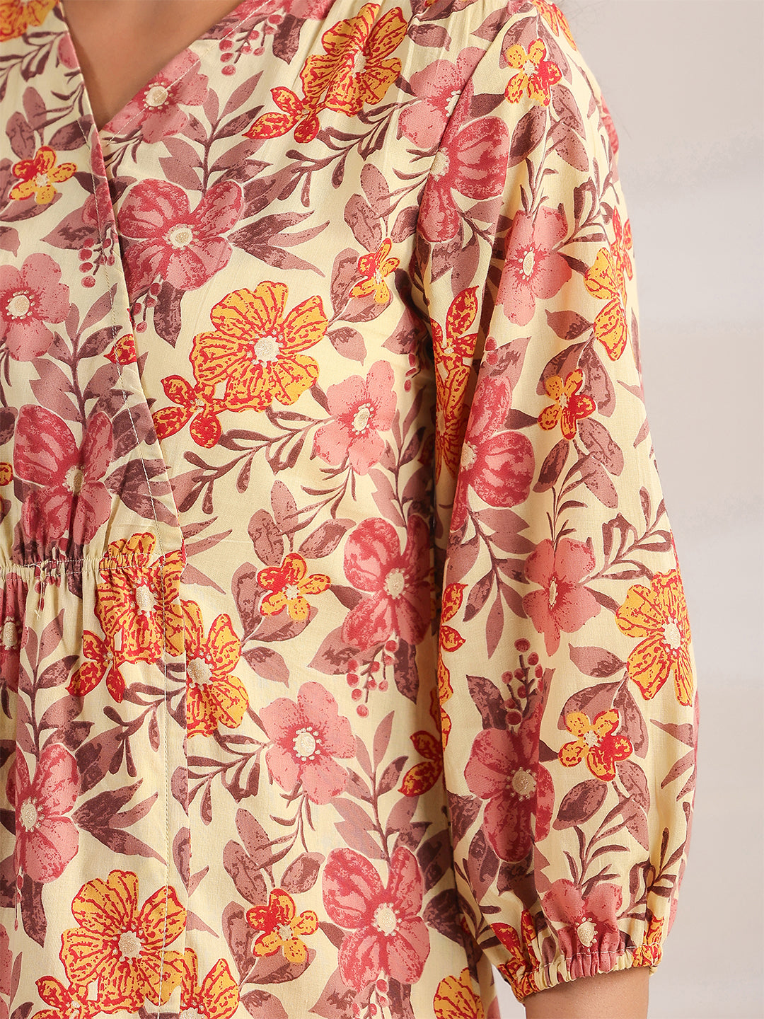 Janasya Gathered Cambric Yellow Floral V-Neck Dress
