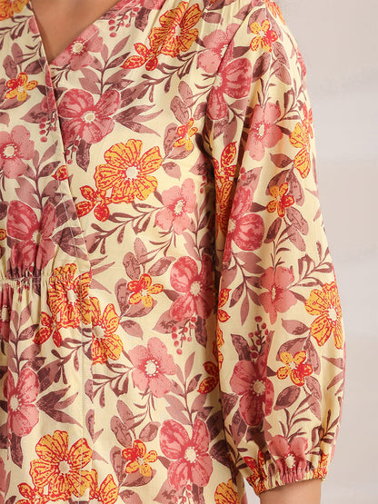 Janasya Gathered Cambric Yellow Floral V-Neck Dress