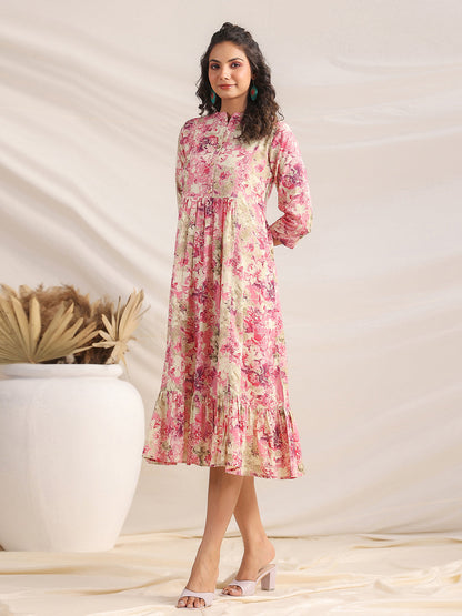 Janasya Pink Cambric Abstract Dress