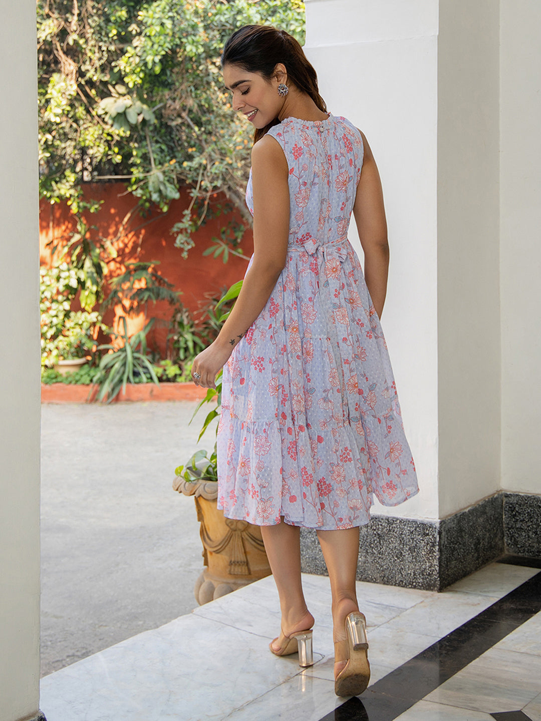 Janasya Lavender Dobby Georgette Floral Tiered Dress