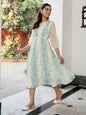 Janasya Off White Dobby Georgette Floral Flared Dress