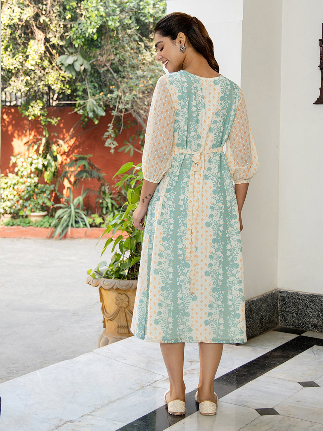 Janasya Off White Dobby Georgette Floral Flared Dress