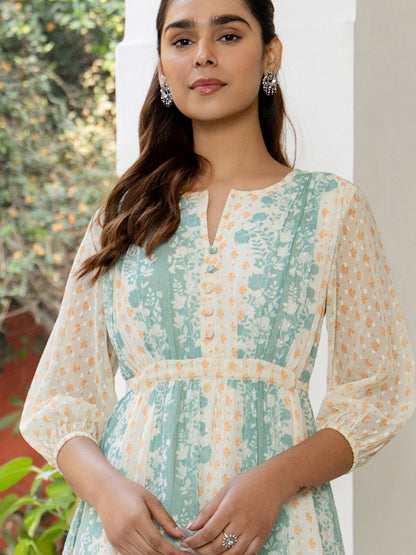 Janasya Off White Dobby Georgette Floral Flared Dress