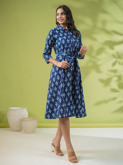 Janasya Dark Cotton Ethnic Motifs Shirt Dress Dress