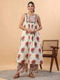 Janasya Gathered Cambric Cream Floral Round Neck Kurta & Bottom
