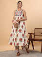 Janasya Gathered Cambric Cream Floral Round Neck Kurta & Bottom