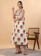 Janasya Gathered Cambric Cream Floral Round Neck Kurta & Bottom