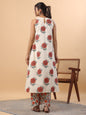 Janasya Gathered Cambric Cream Floral Round Neck Kurta & Bottom