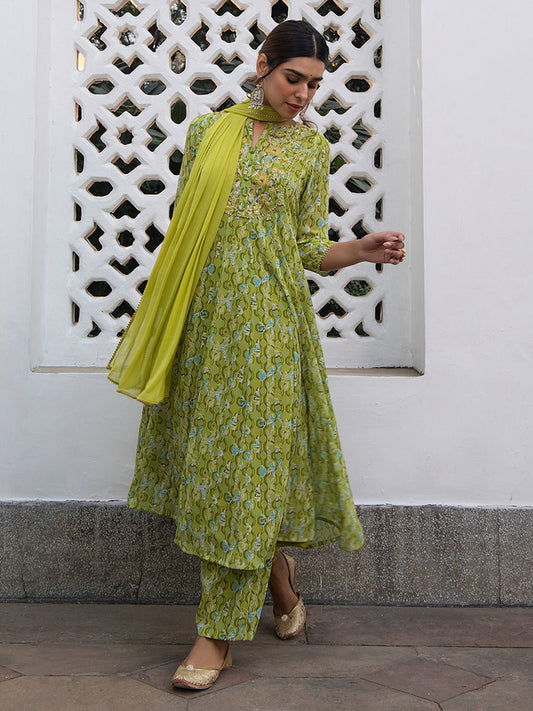 Janasya Anarkali Weightless Georgette Lime Green Yoke Embroidery Notch Neck Set