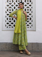 Janasya Anarkali Weightless Georgette Lime Green Yoke Embroidery Notch Neck Set