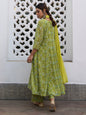 Janasya Anarkali Weightless Georgette Lime Green Yoke Embroidery Notch Neck Set