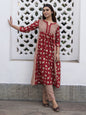Janasya A-Line Cambric Red Floral Notch Neck Kurta & Bottom