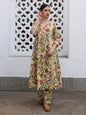 Janasya Gathered Cambric Beige Floral V-Neck Kurta & Bottom