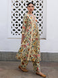 Janasya Gathered Cambric Beige Floral V-Neck Kurta & Bottom