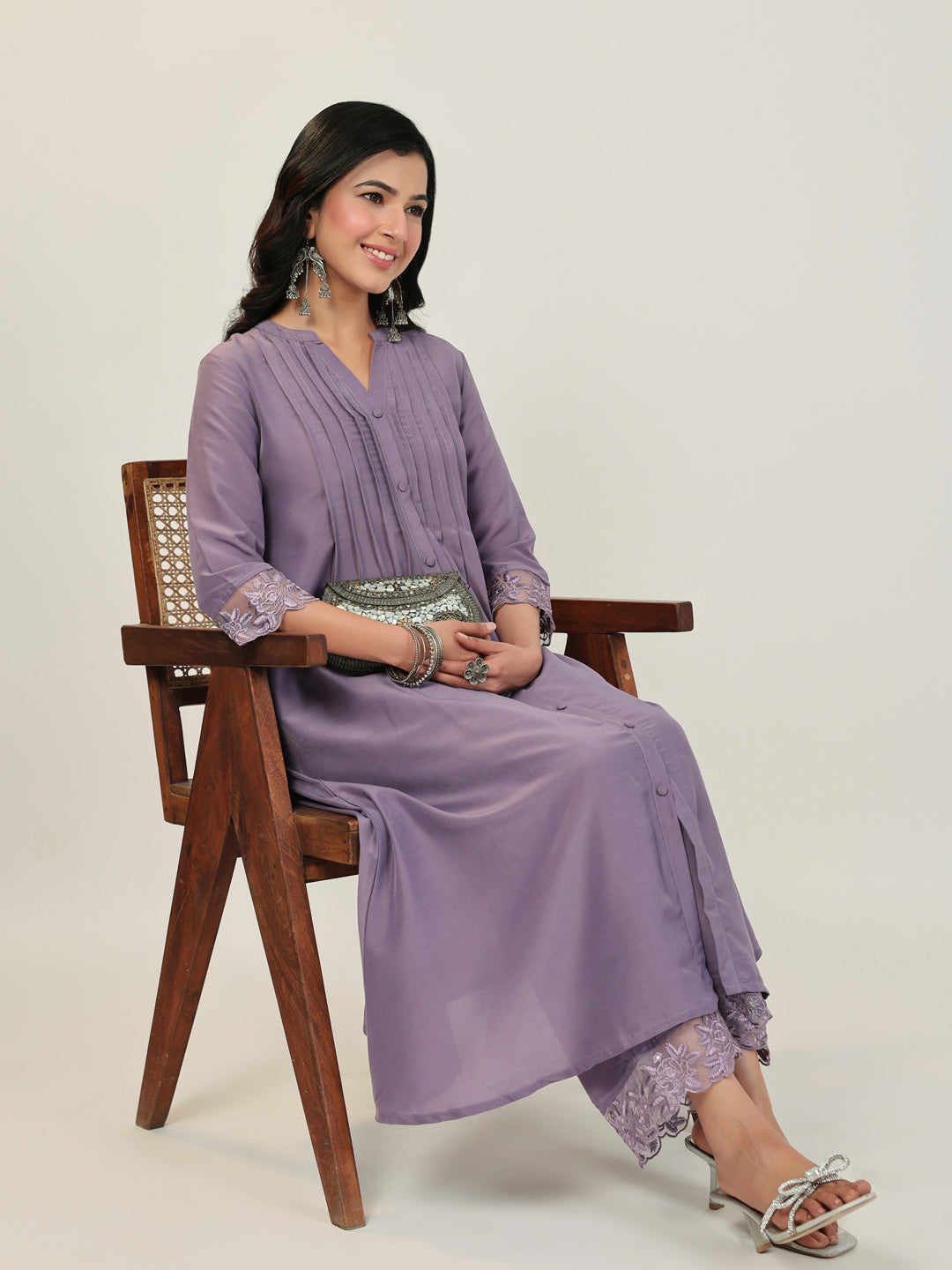 Janasya A-Line Muslin Lavender Solid V-Neck with Band Collar Kurta & Bottom