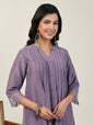Janasya A-Line Muslin Lavender Solid V-Neck with Band Collar Kurta & Bottom