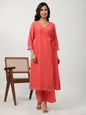 Janasya Angrakha Muslin Peach Solid V-Neck Kurta & Bottom