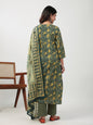 Janasya Straight Cambric Green Ethnic Motifs V-Neck Set