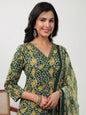 Janasya Straight Cambric Green Ethnic Motifs V-Neck Set