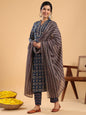Janasya Straight Cambric Dark Blue Ethnic Motifs Band Collar Kurta,Bottom & Dupatta