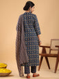 Janasya Straight Cambric Dark Blue Ethnic Motifs Band Collar Kurta,Bottom & Dupatta