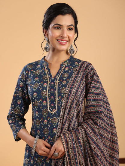 Janasya Straight Cambric Dark Blue Ethnic Motifs Band Collar Kurta,Bottom & Dupatta