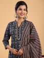 Janasya Straight Cambric Dark Blue Ethnic Motifs Band Collar Kurta,Bottom & Dupatta