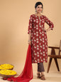 Janasya Regular Cambric Maroon Striped Notch Neck Set