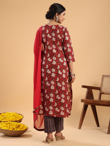 Janasya Regular Cambric Maroon Striped Notch Neck Set
