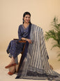 Janasya Straight Cambric Dark Blue Bandhani V-Neck with Band Collar Kurta Set