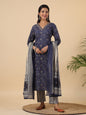 Janasya Straight Cambric Dark Blue Bandhani V-Neck with Band Collar Kurta Set