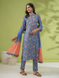 Janasya Straight Cambric Blue Floral Band Collar Kurta Set